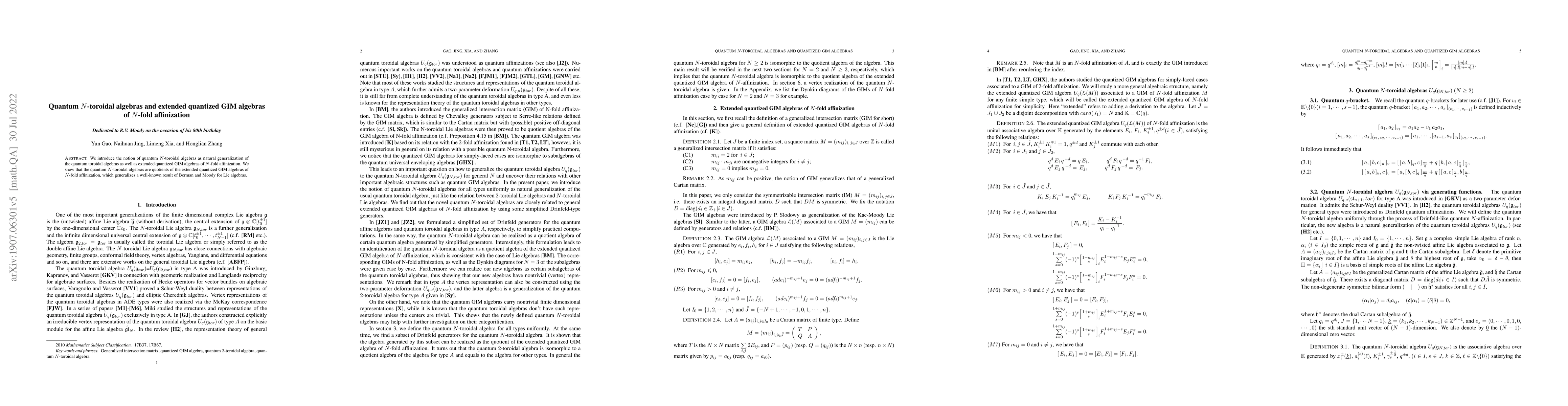 Thumbnail for Quantum N-toroidal algebras and extended quantized GIM algebras of
  N-fold affinization