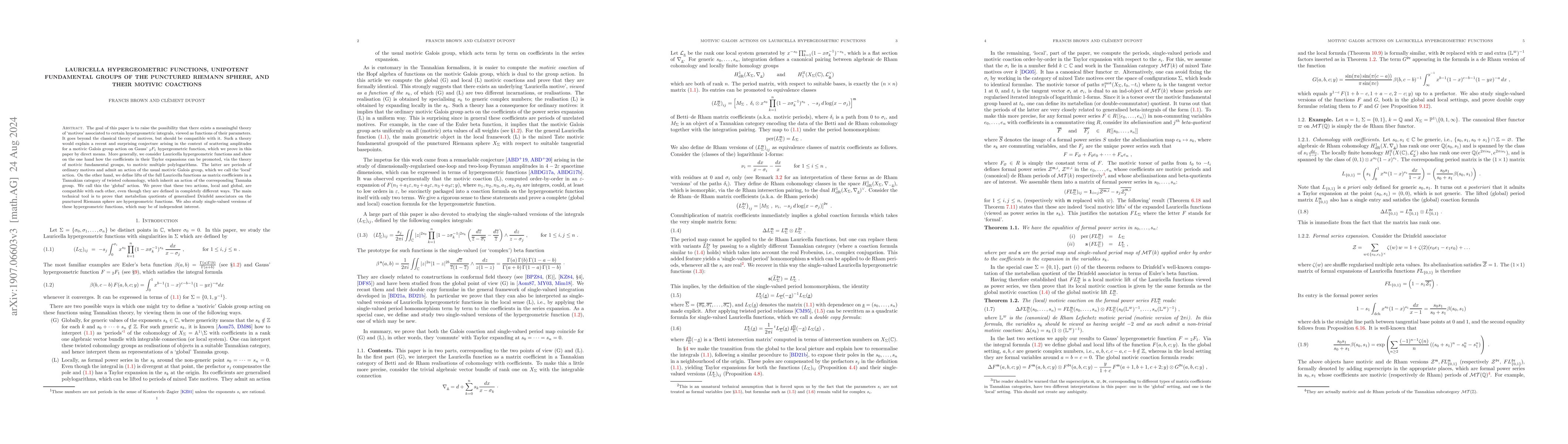 Thumbnail for Lauricella hypergeometric functions, unipotent fundamental groups of the
  punctured Riemann sphere, and their motivic coactions