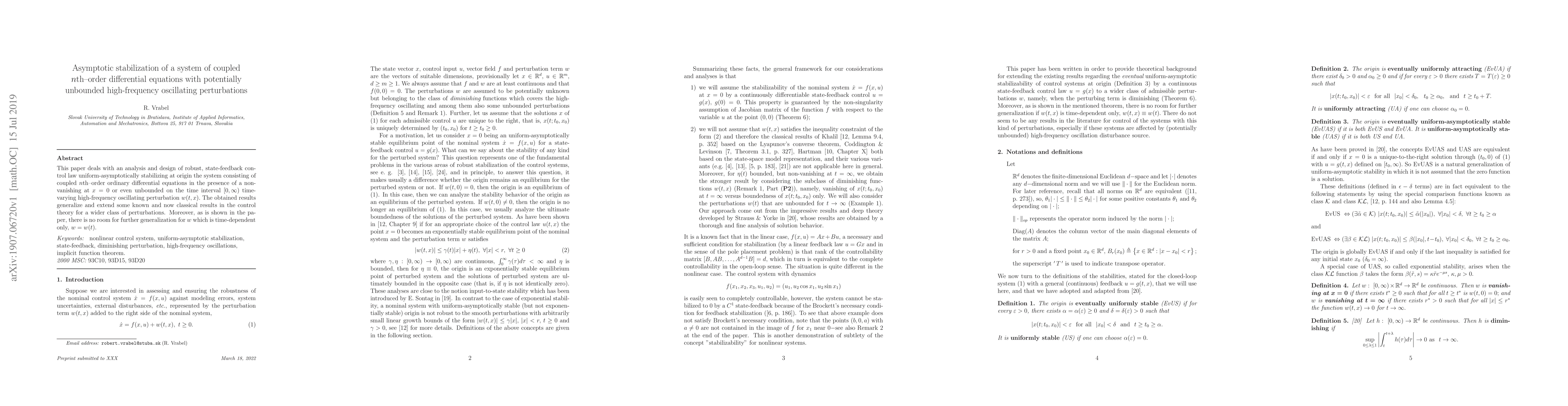 Thumbnail for Asymptotic stabilization of a system of coupled $n$th--order
  differential equations with potentially unbounded high-frequency oscillating
  perturbations