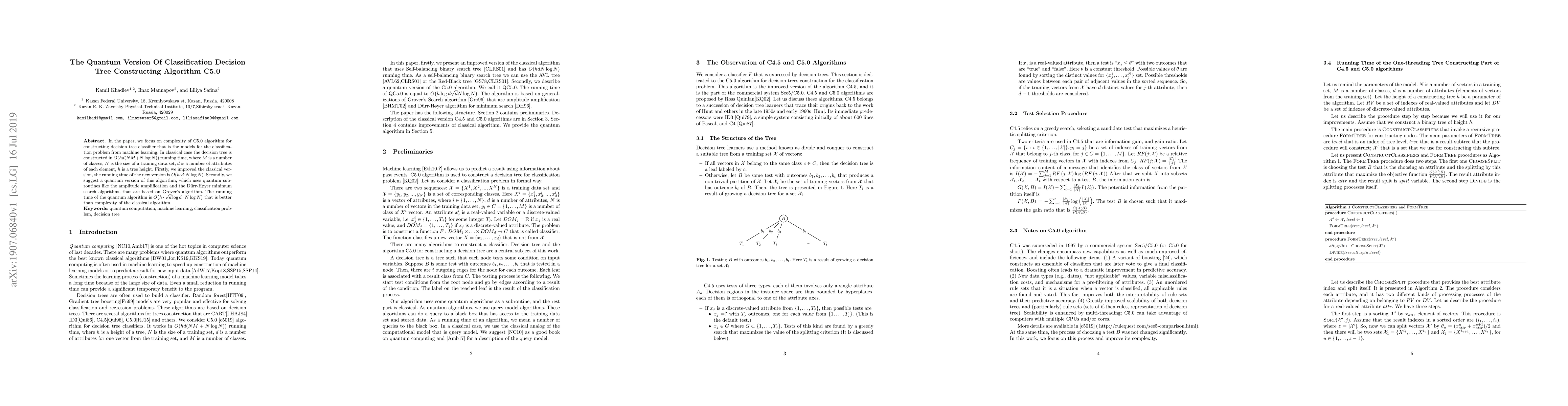 Thumbnail for The Quantum Version Of Classification Decision Tree Constructing
  Algorithm C5.0