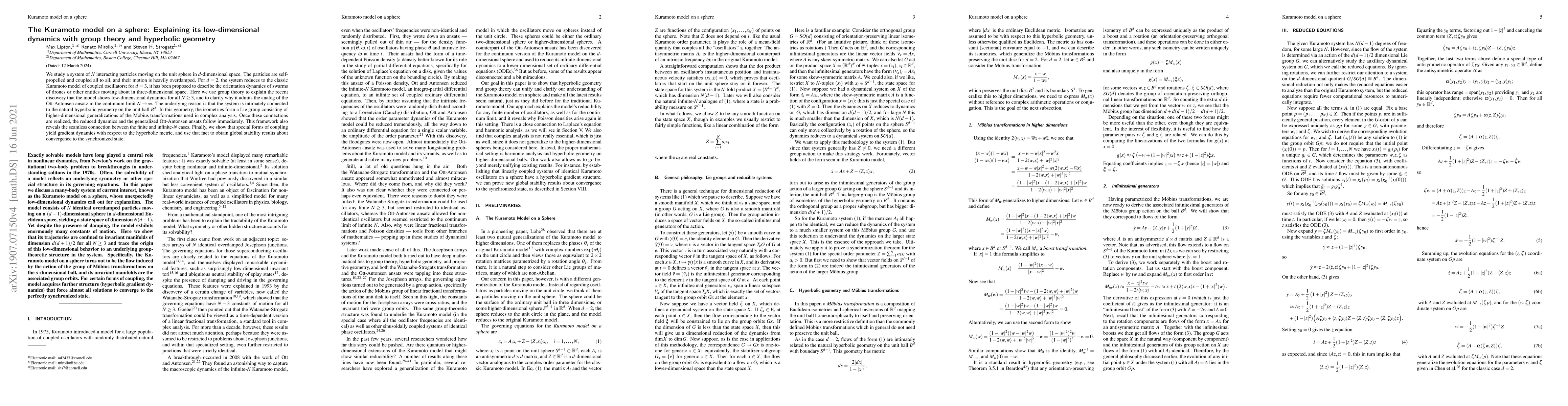 Thumbnail for The Kuramoto model on a sphere: Explaining its low-dimensional dynamics
  with group theory and hyperbolic geometry