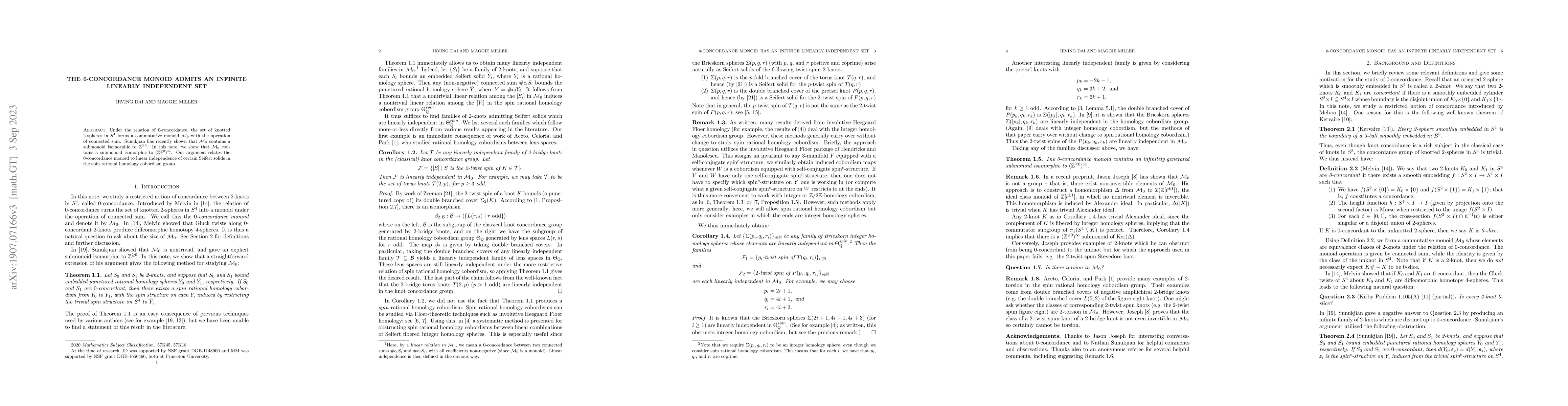 Thumbnail for The 0-concordance monoid admits an infinite linearly independent set