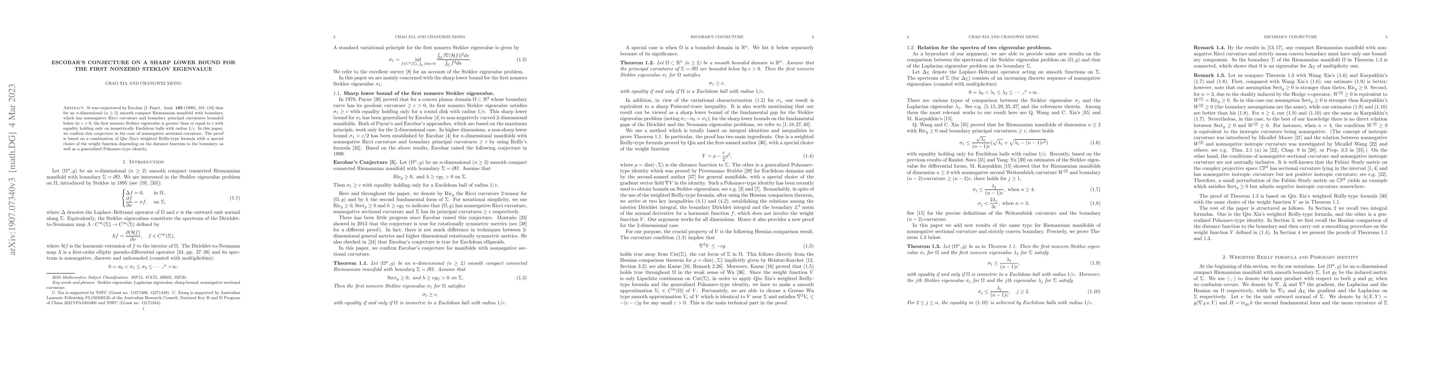 Thumbnail for Escobar's Conjecture on a sharp lower bound for the first nonzero
  Steklov eigenvalue