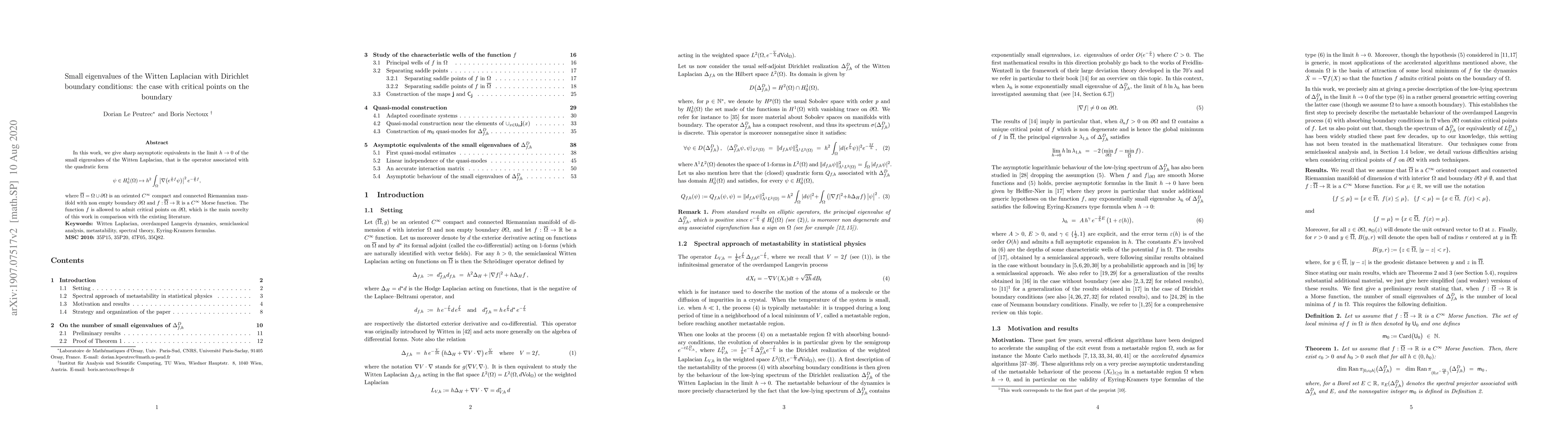 Thumbnail for Small eigenvalues of the Witten Laplacian with Dirichlet boundary
  conditions: the case with critical points on the boundary