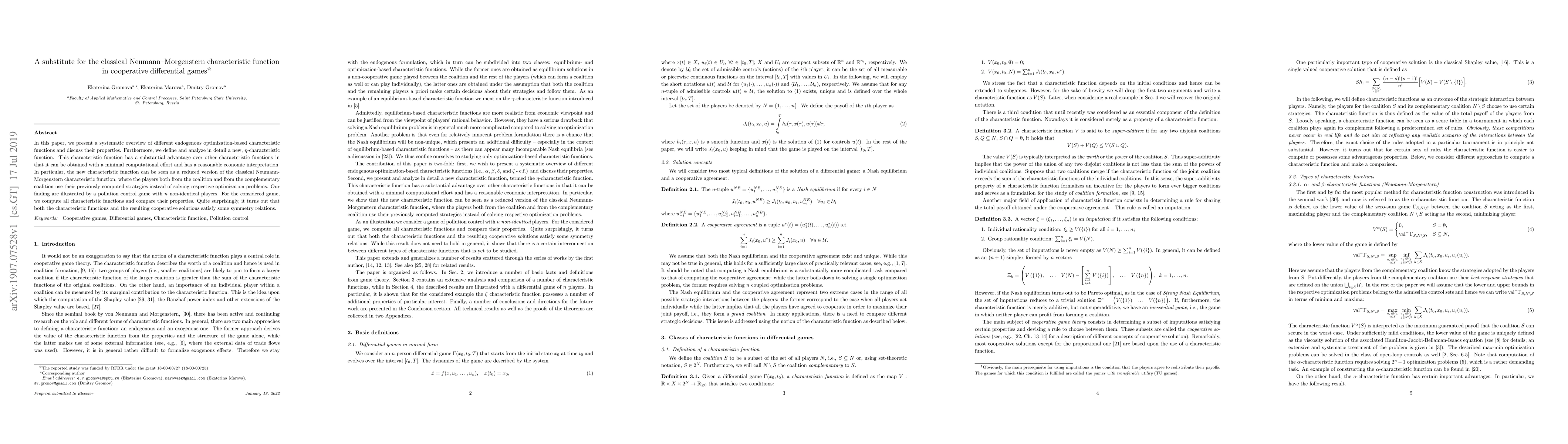 Thumbnail for A substitute for the classical Neumann--Morgenstern characteristic
  function in cooperative differential games