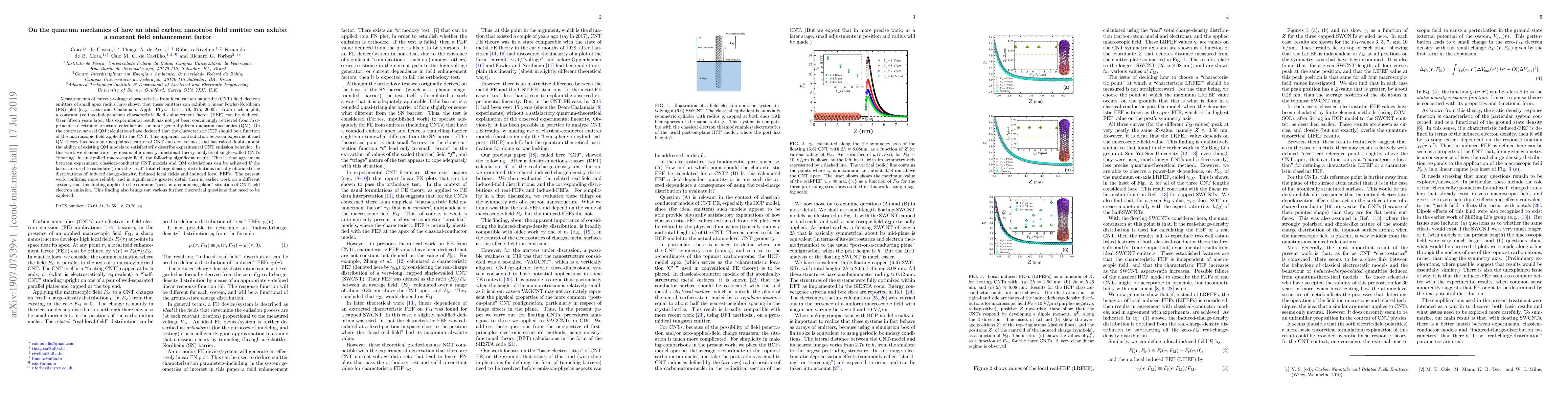 Thumbnail for On the quantum mechanics of how an ideal carbon nanotube field emitter
  can exhibit a constant field enhancement factor