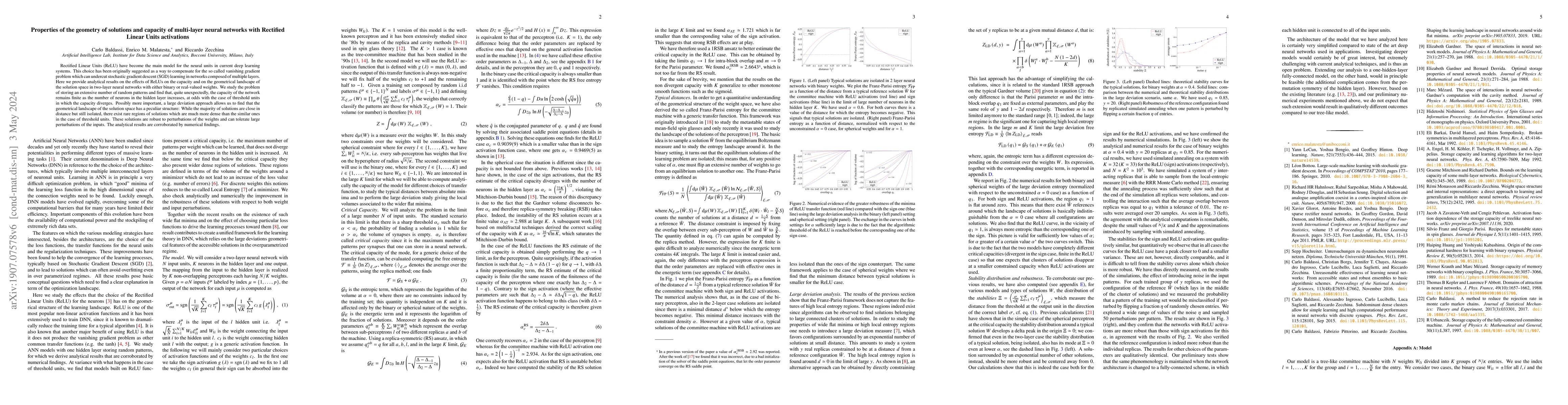 Thumbnail for Properties of the geometry of solutions and capacity of multi-layer
  neural networks with Rectified Linear Units activations