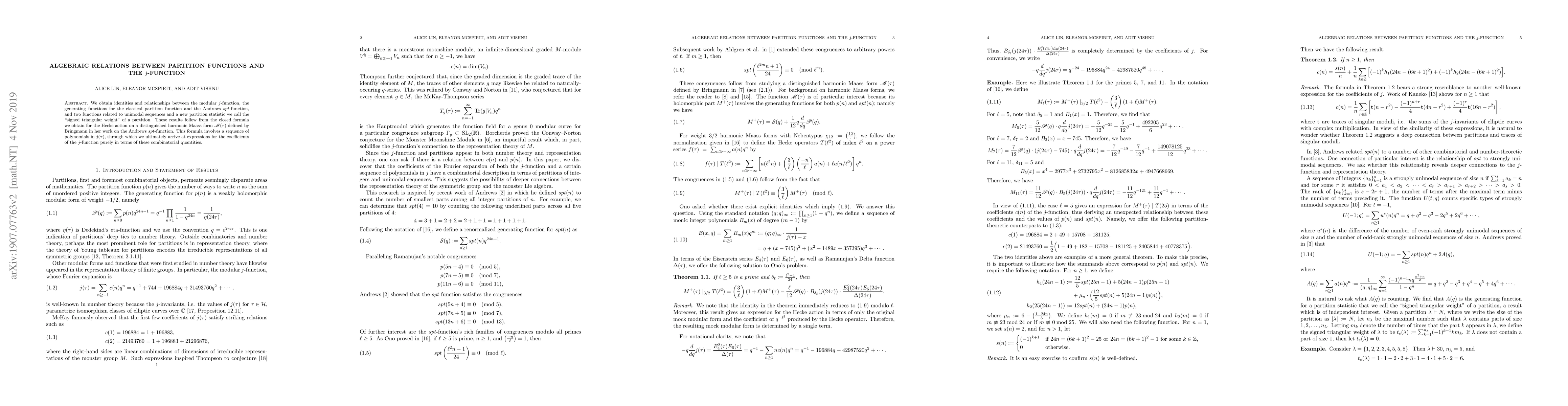 Thumbnail for Algebraic Relations Between Partition Functions and the $j$-Function