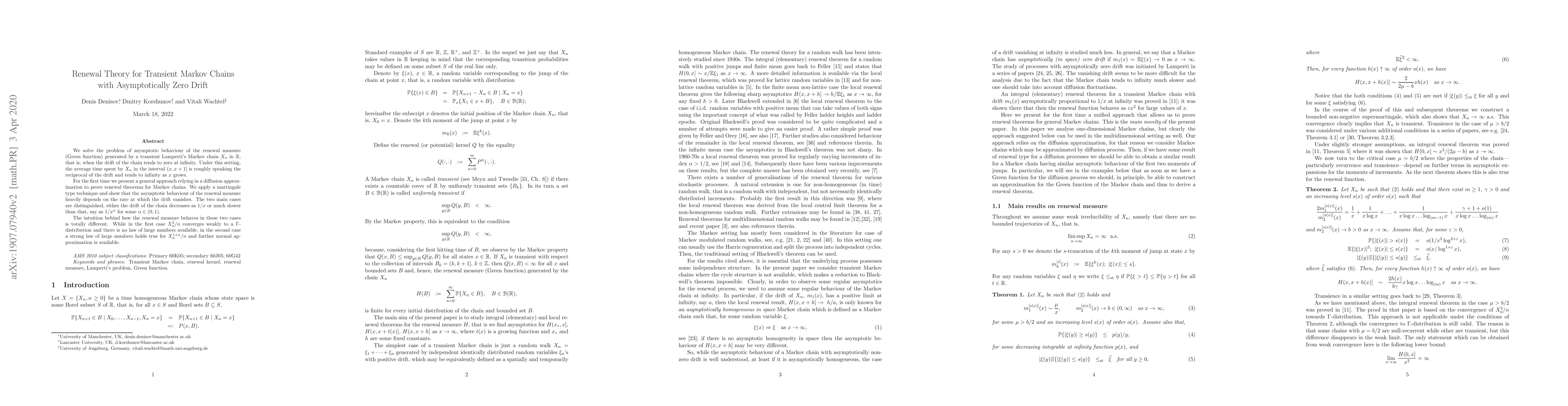 Thumbnail for Renewal Theory for Transient Markov Chains with Asymptotically Zero
  Drift