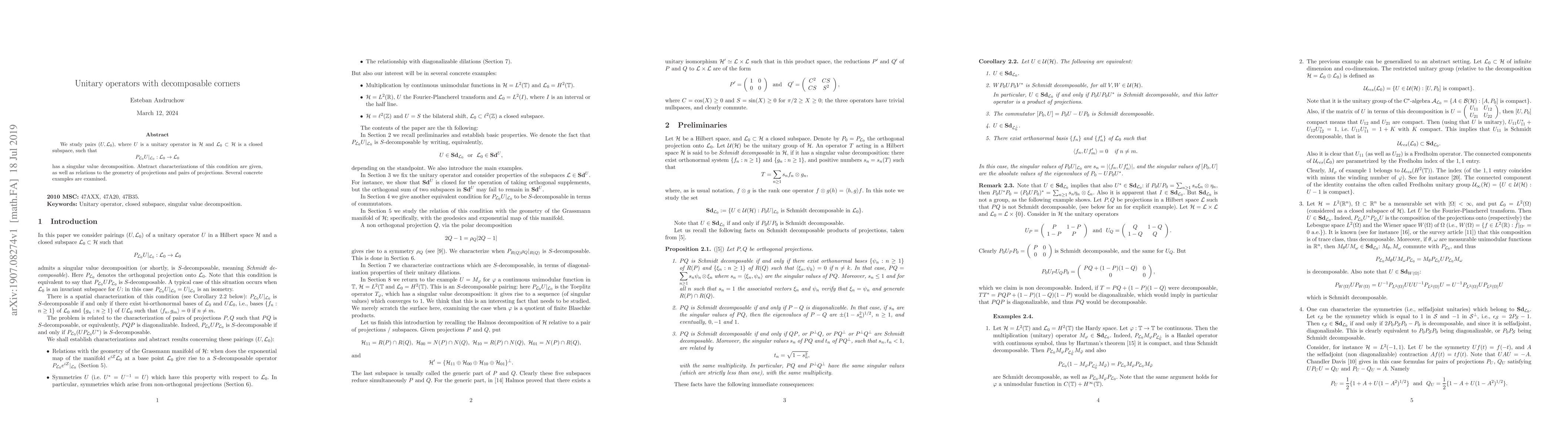 Thumbnail for Unitary operators with decomposable corners