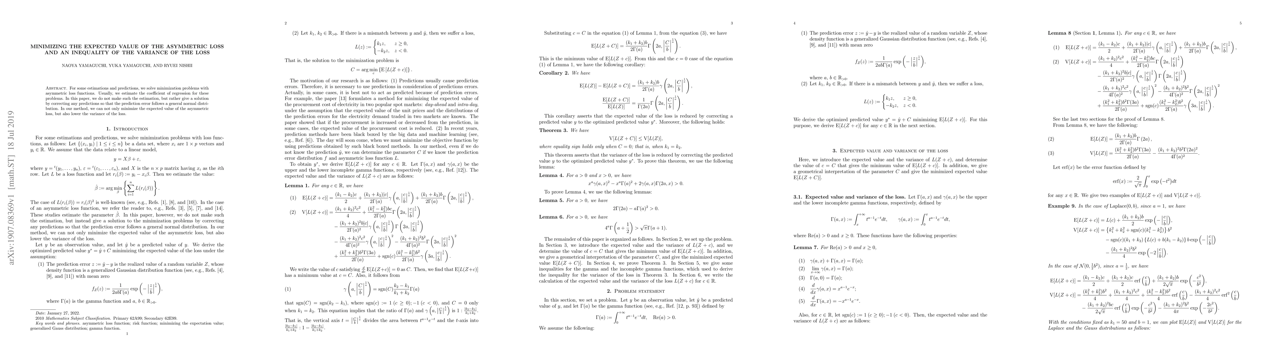 Thumbnail for Minimizing the expected value of the asymmetric loss and an inequality
  of the variance of the loss