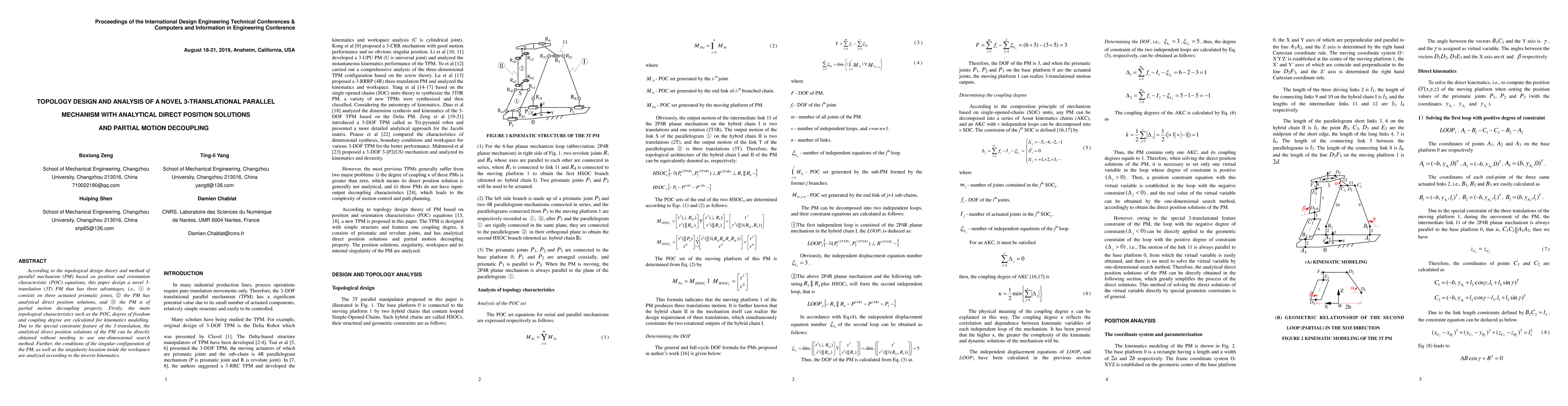 Thumbnail for Topology design and analysis of a novel 3-translational parallel
  mechanism with analytical direct position solutions and partial motion
  decoupling