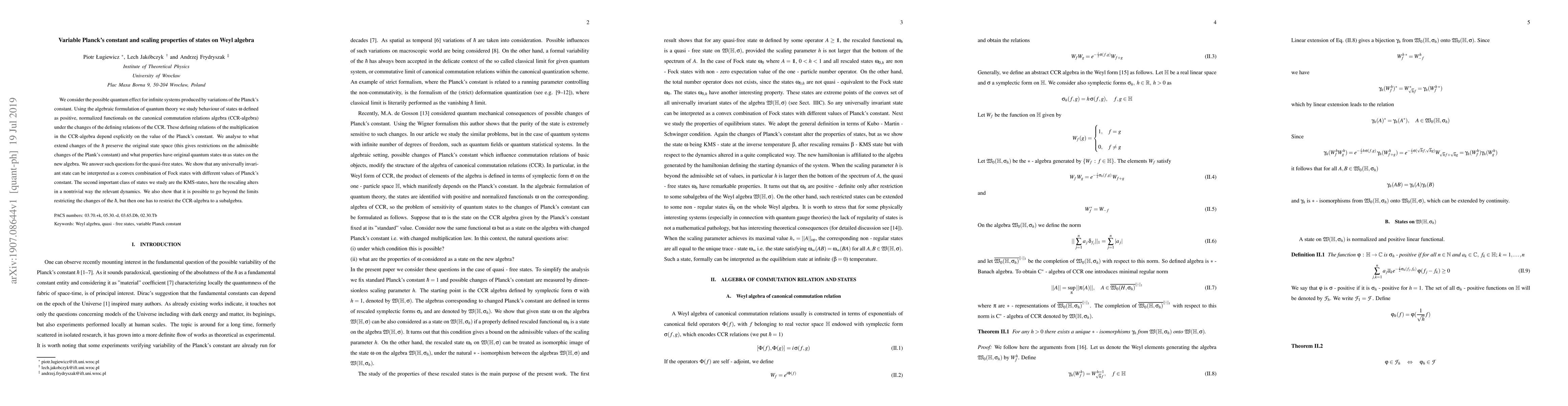 Thumbnail for Variable Planck's constant and scaling properties of states on Weyl
  algebra