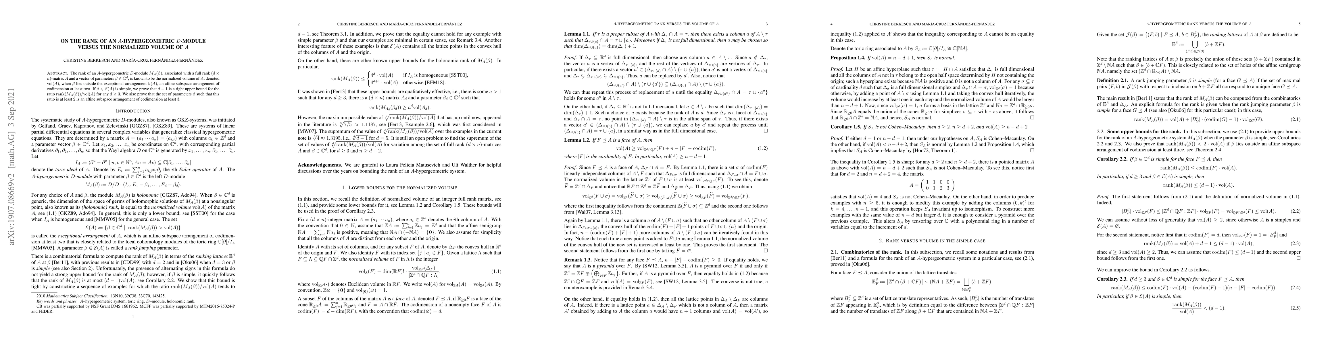 Thumbnail for On the rank of an $A$-hypergeometric $D$-module versus the normalized
  volume of $A$