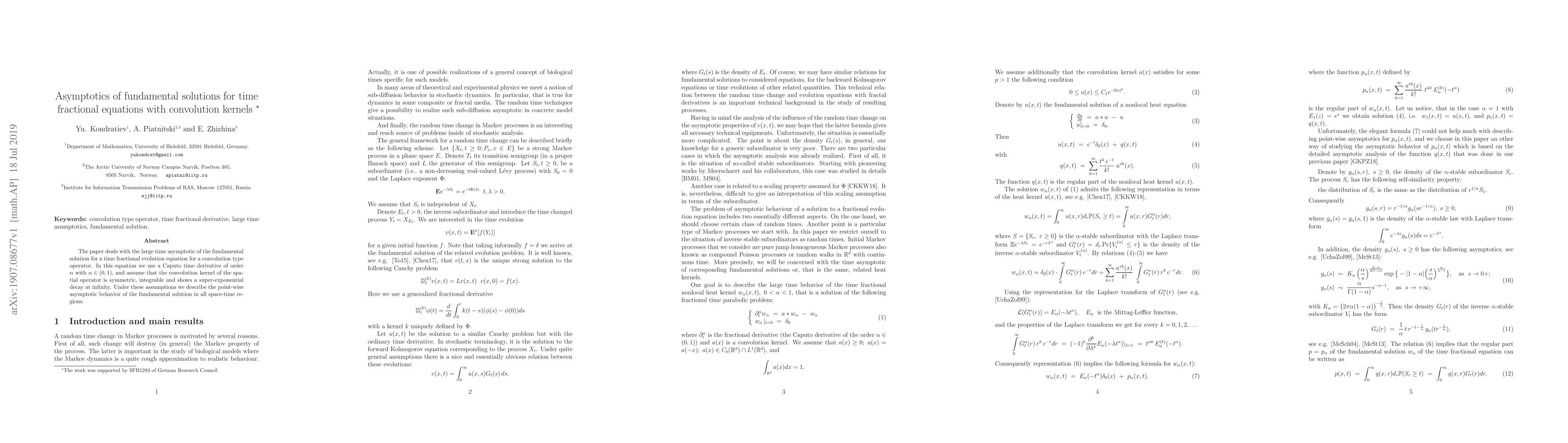 Thumbnail for Asymptotics of fundamental solutions for time fractional equations with
  convolution kernels
