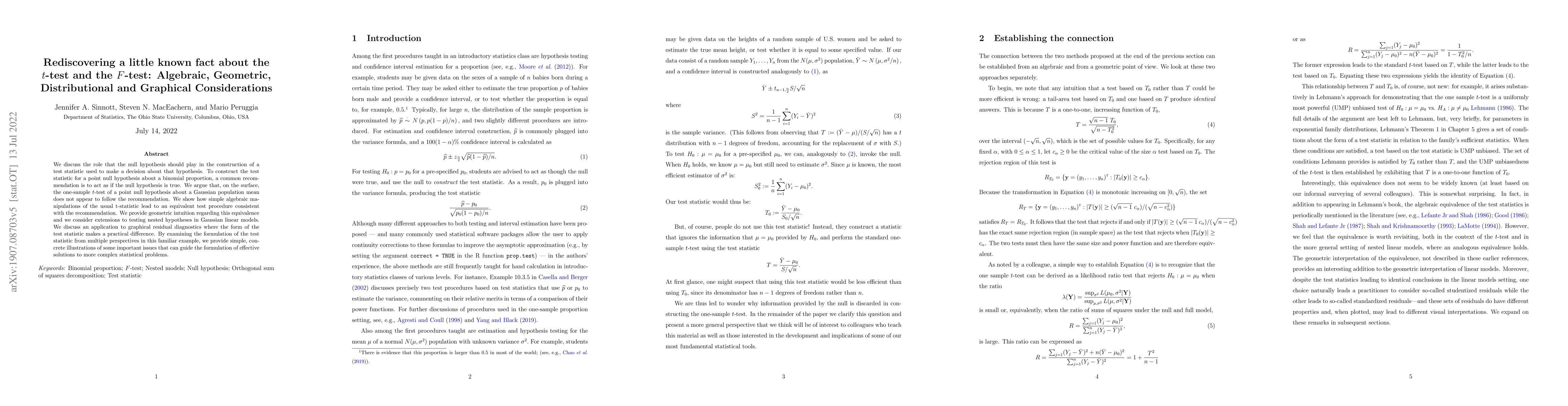 Thumbnail for Rediscovering a little known fact about the t-test and the F-test:
  Algebraic, Geometric, Distributional and Graphical Considerations