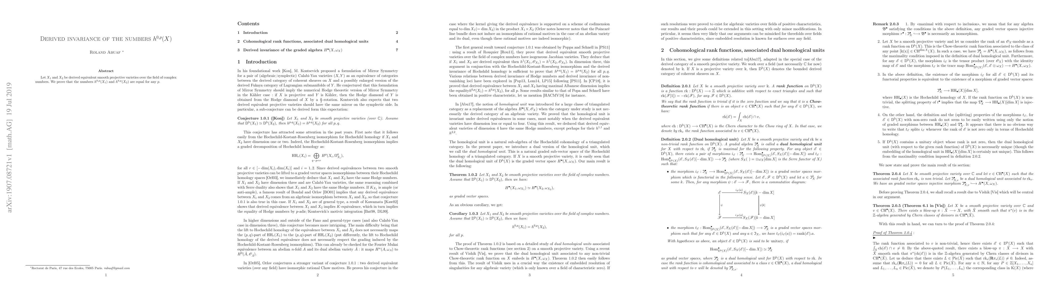 Thumbnail for Derived invariance of the numbers $h^{0,p}(X)$