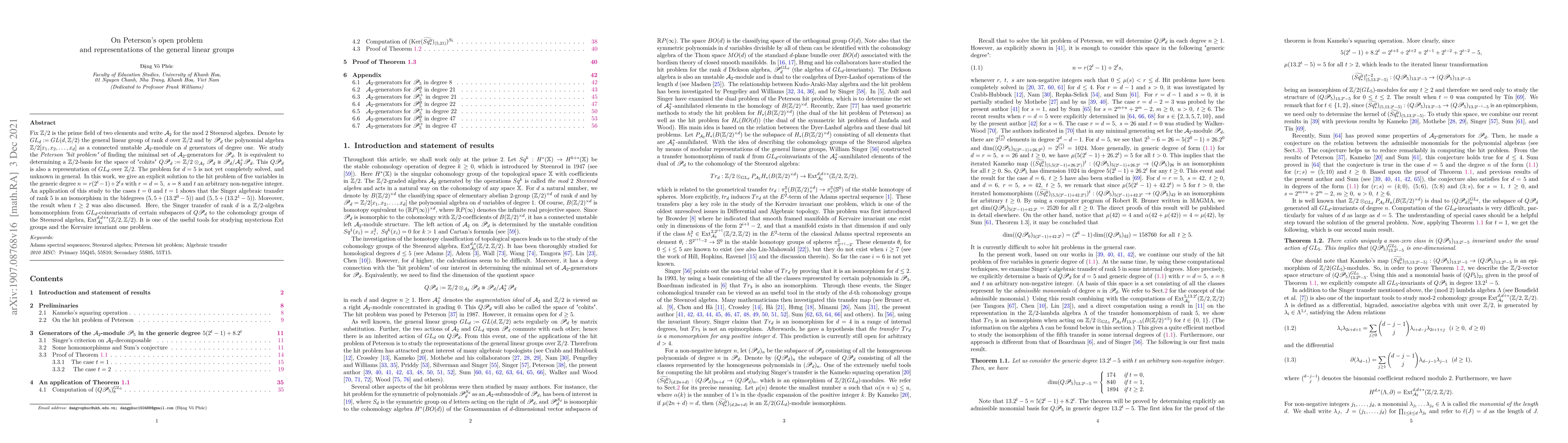 Thumbnail for On Peterson's open problem and representations of the general linear
  groups