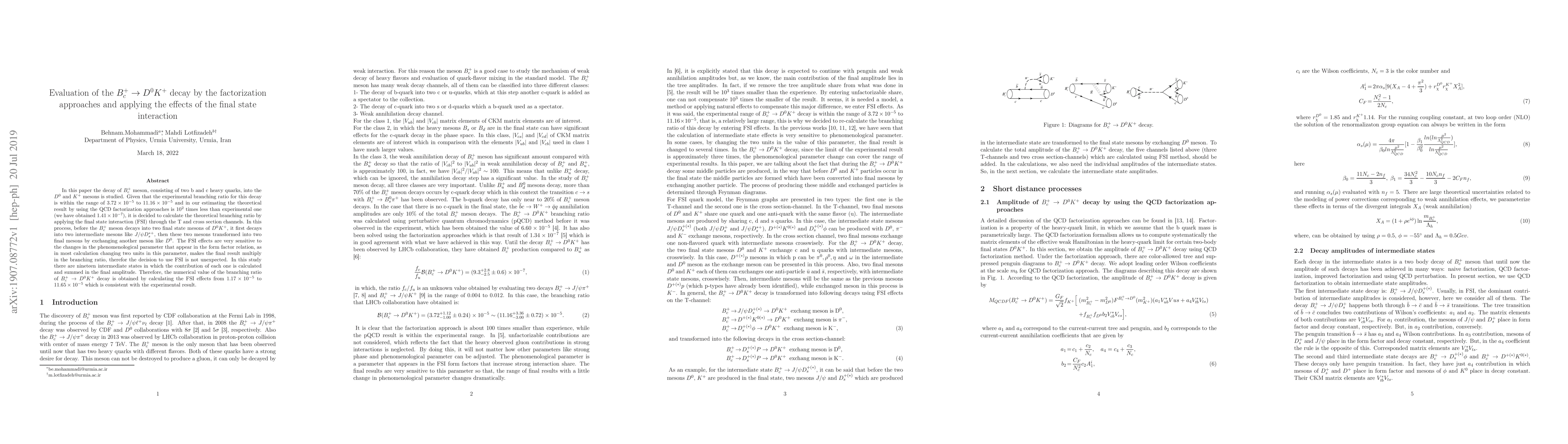 Thumbnail for Evaluation of the $B^+_c\rightarrow D^0K^+$ decay by the factorization
  approaches and applying the effects of the final state interaction