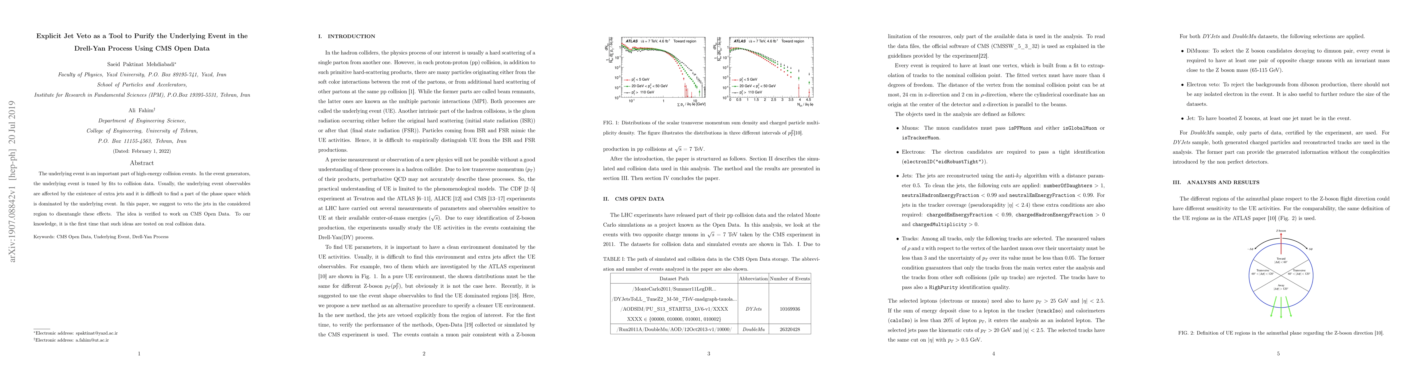 Thumbnail for Explicit Jet Veto as a Tool to Purify the Underlying Event in the
  Drell-Yan Process Using CMS Open Data