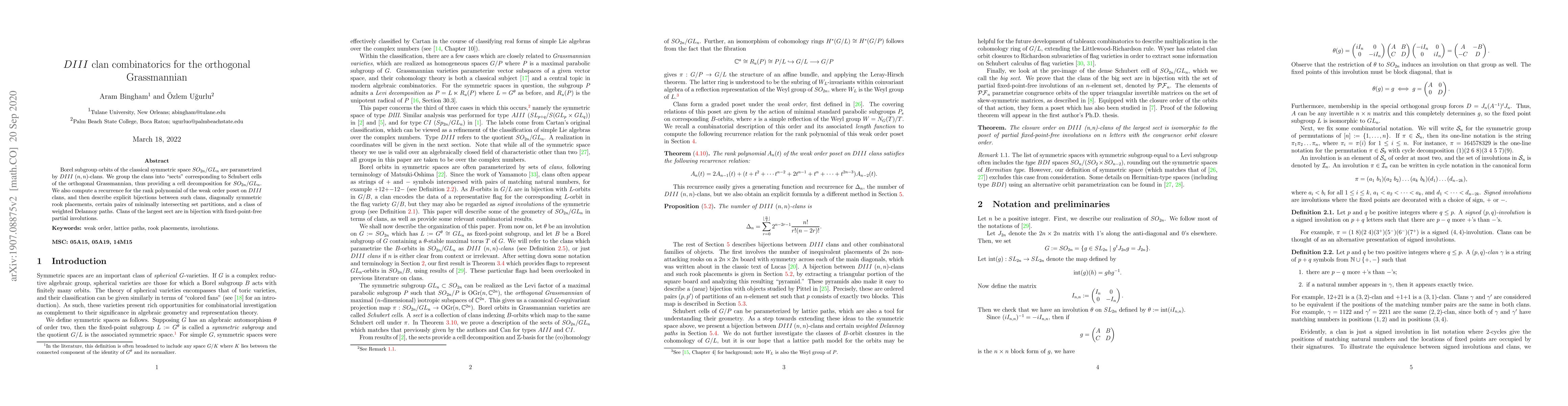Thumbnail for $DIII$ clan combinatorics for the orthogonal Grassmannian