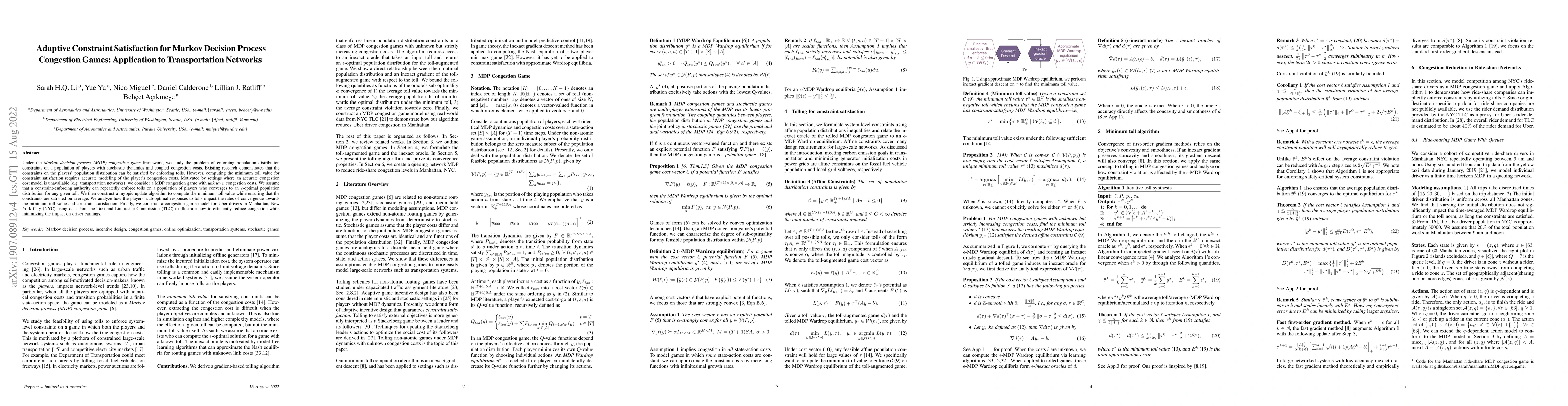 Thumbnail for Adaptive Constraint Satisfaction for Markov Decision Process Congestion
  Games: Application to Transportation Networks