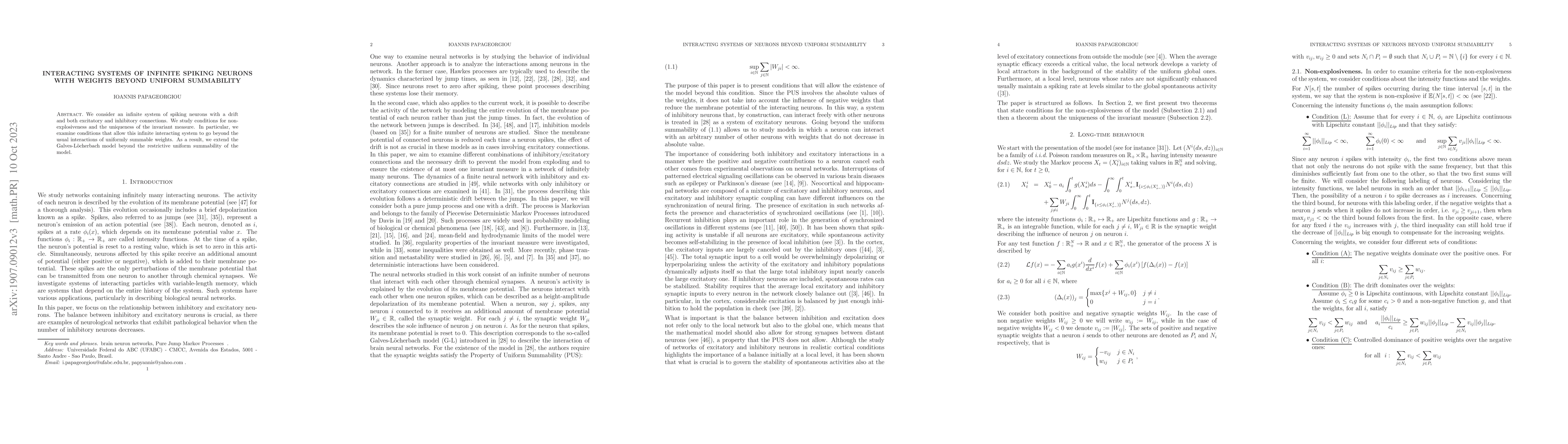 Thumbnail for Interacting systems of infinite spiking neurons with weights beyond
  uniform summability
