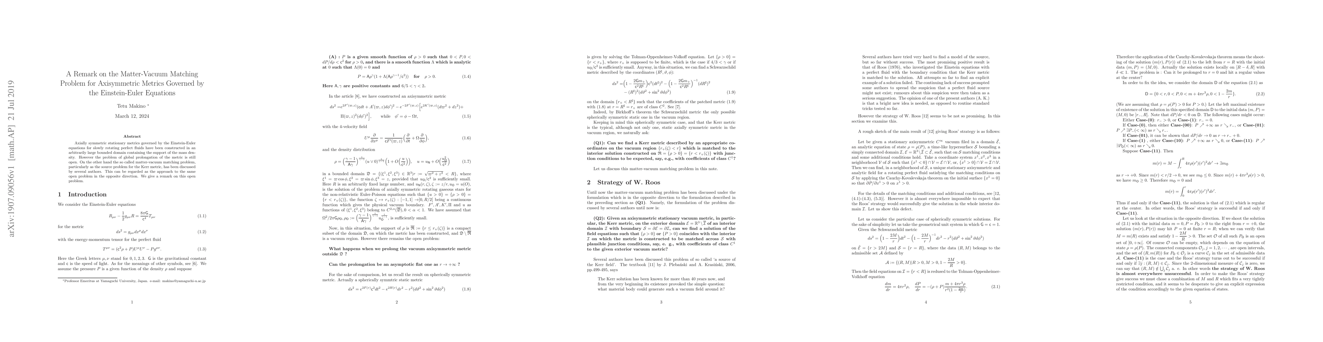 Thumbnail for A Remark on the Matter-Vacuum Matching Problem for Axisymmetric Metrics
  Governed by the Einstein-Euler Equations