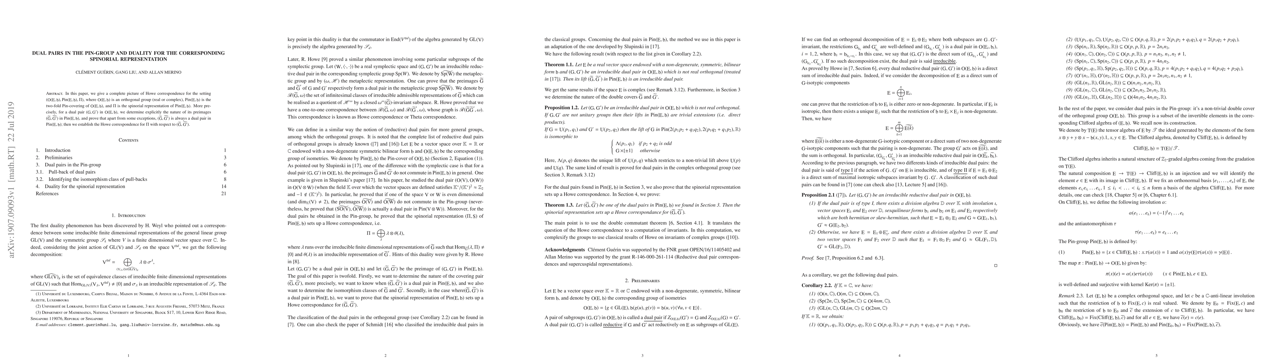 Thumbnail for Dual pairs in the Pin-group and duality for the corresponding spinorial
  representation