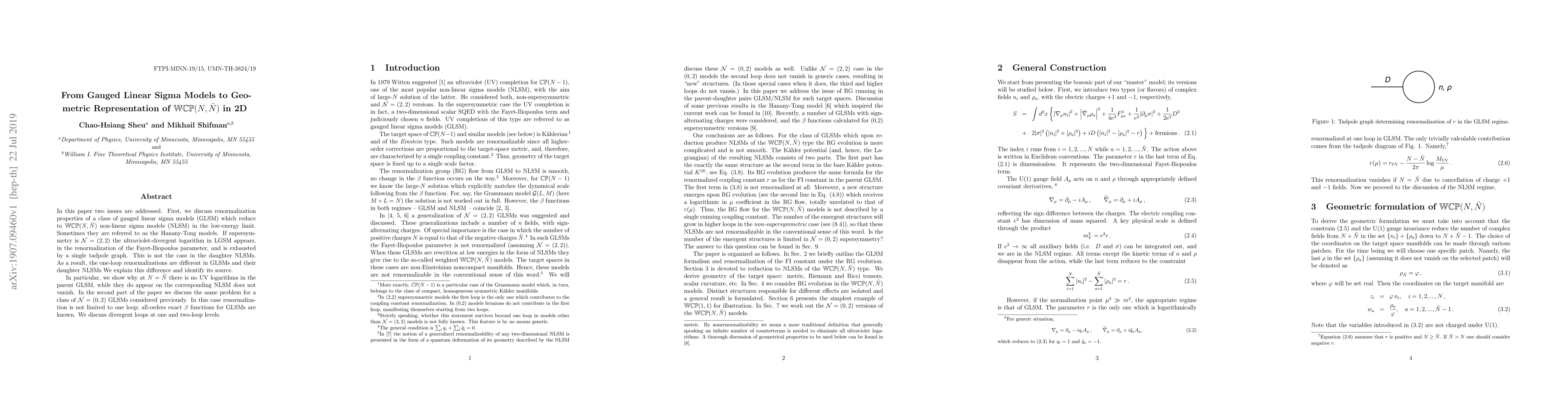 Thumbnail for From Gauged Linear Sigma Models to Geometric Representation of
  $\mathbb{WCP}(N,\tilde{N})$ in 2D