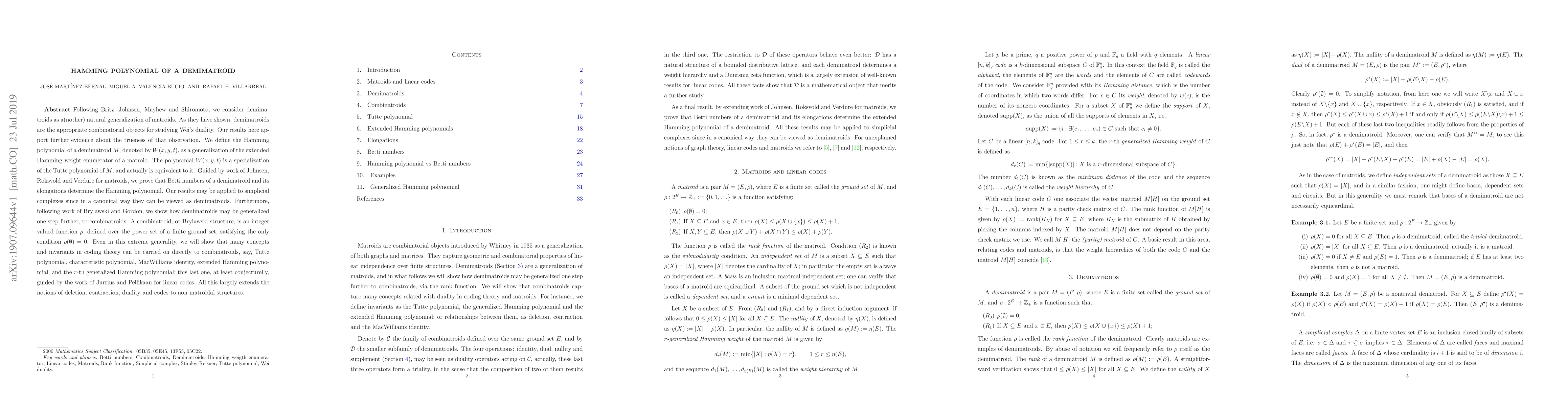 Thumbnail for Hamming Polynomial of a Demimatroid