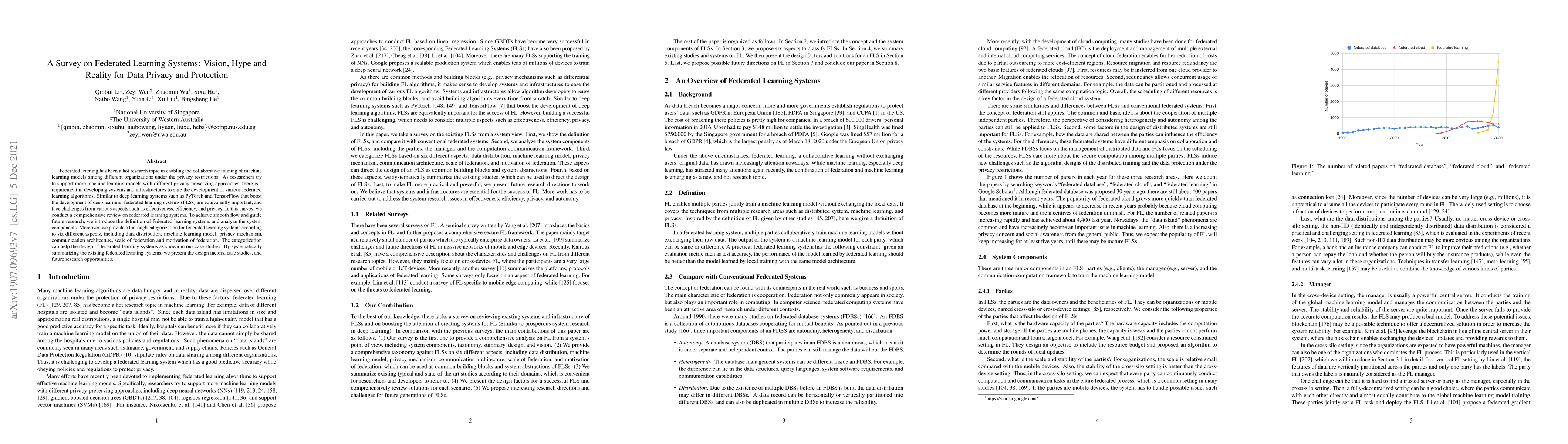 Thumbnail for A Survey on Federated Learning Systems: Vision, Hype and Reality for
  Data Privacy and Protection