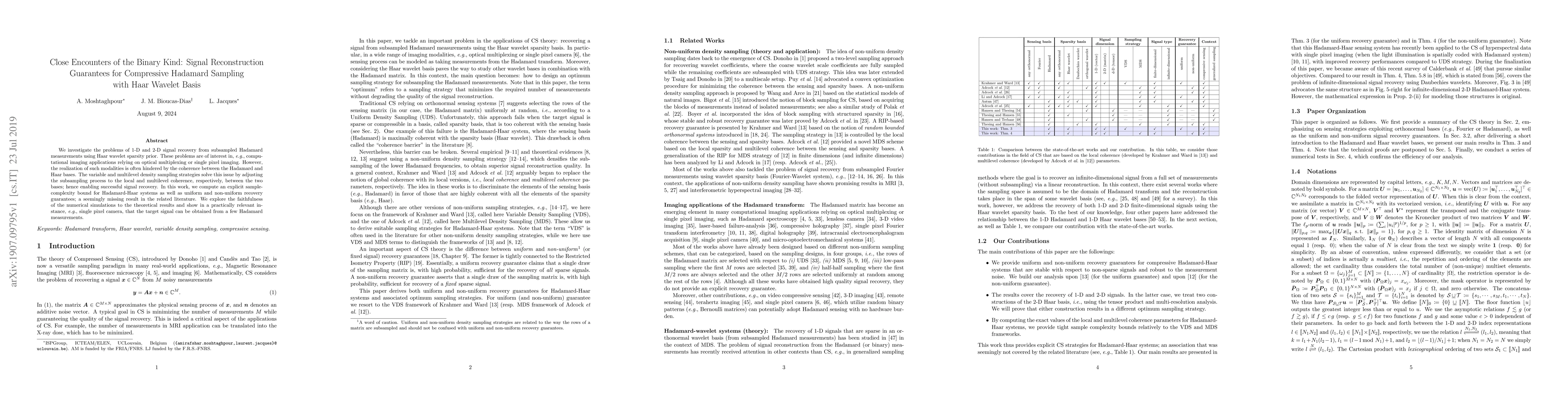 Thumbnail for Close Encounters of the Binary Kind: Signal Reconstruction Guarantees
  for Compressive Hadamard Sampling with Haar Wavelet Basis