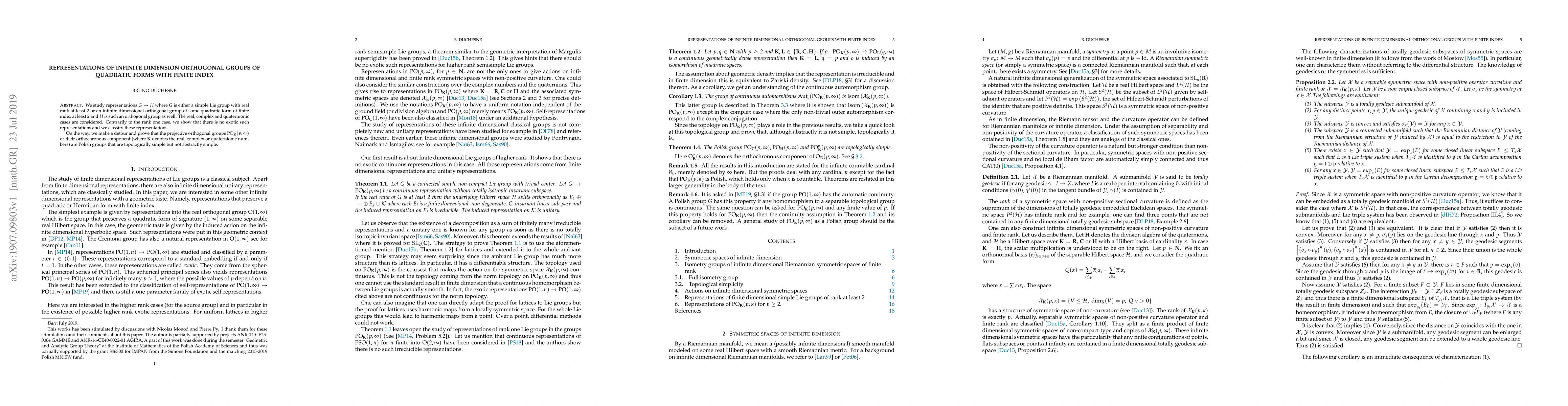 Thumbnail for Representations of infinite dimension orthogonal groups of quadratic
  forms with finite index