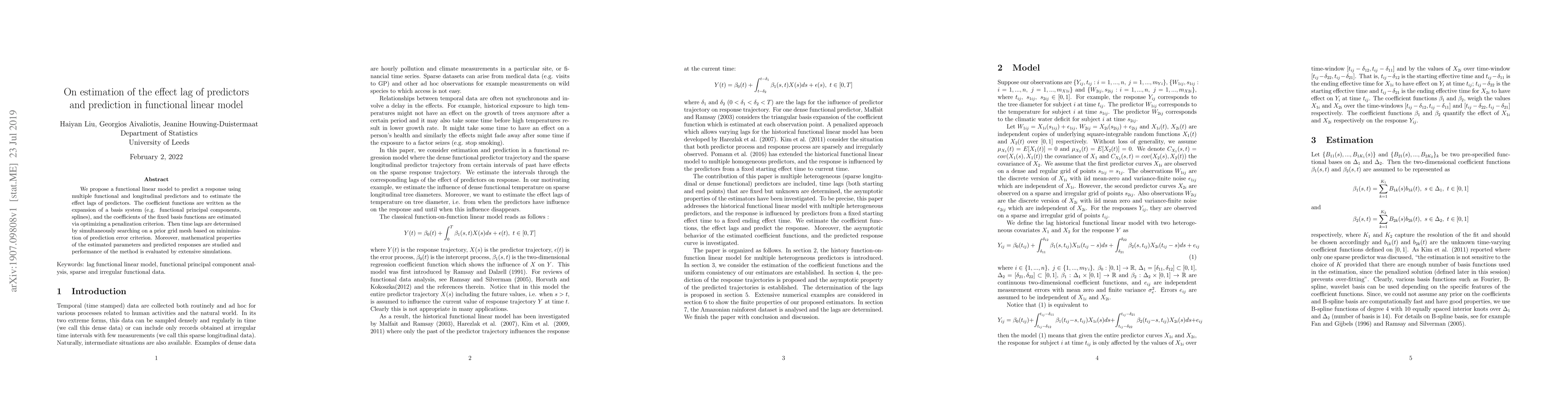 Thumbnail for On estimation of the effect lag of predictors and prediction in
  functional linear model