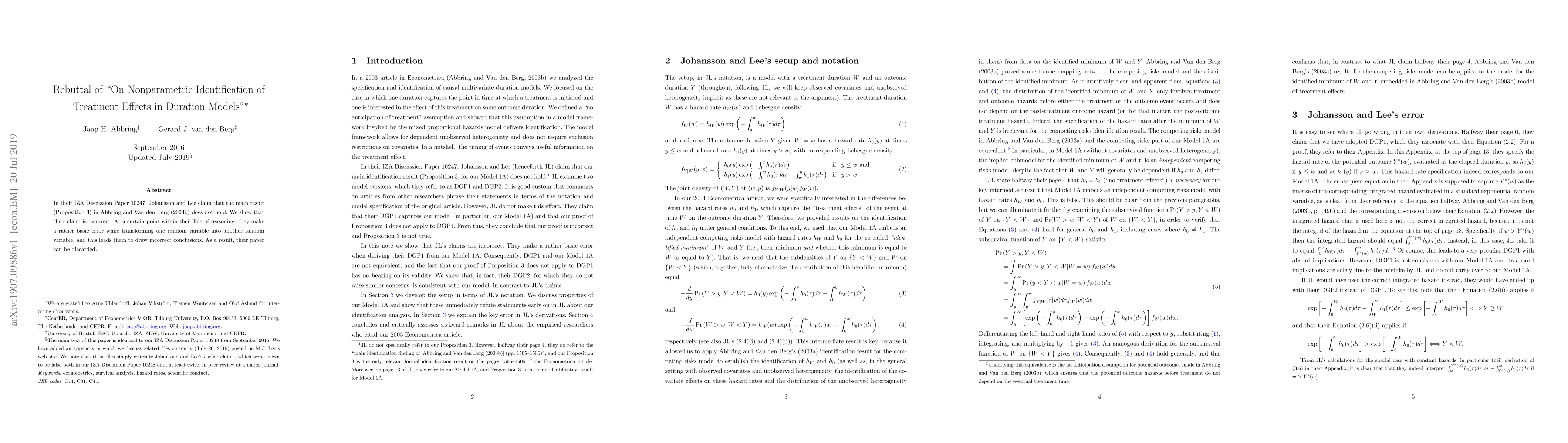 Thumbnail for Rebuttal of "On Nonparametric Identification of Treatment Effects in
  Duration Models"