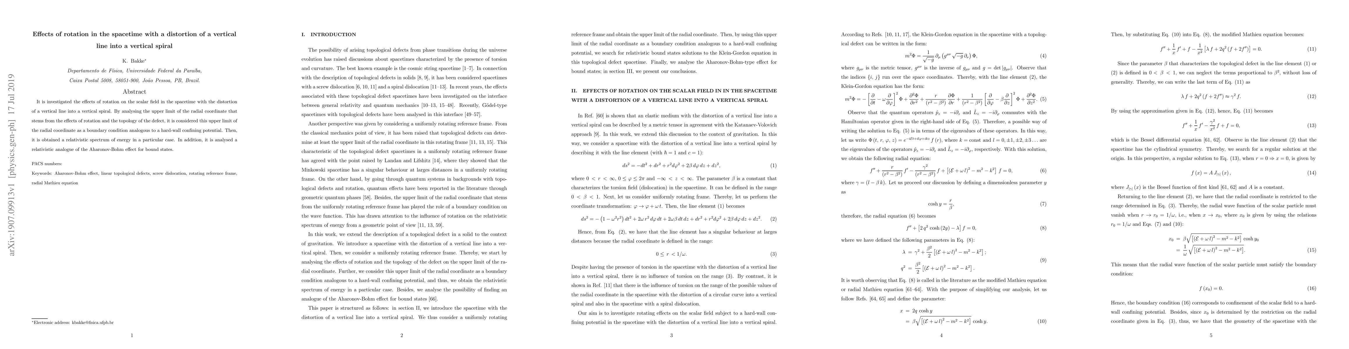 Thumbnail for Effects of rotation in the spacetime with a distortion of a vertical
  line into a vertical spiral
