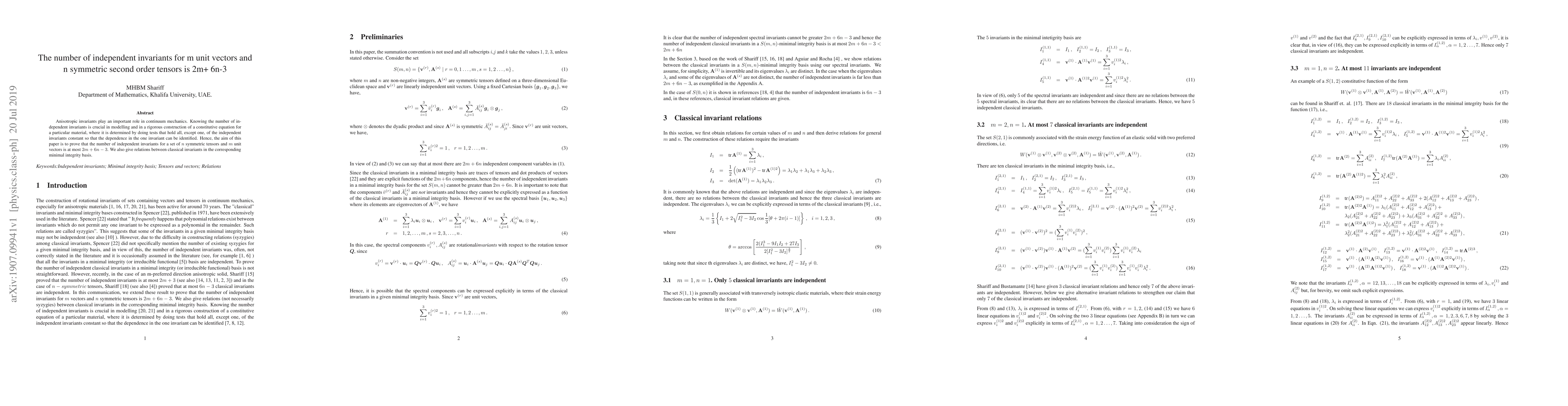 Thumbnail for The number of independent invariants for m unit vectors and n symmetric
  second order tensors is 2m+ 6n-3