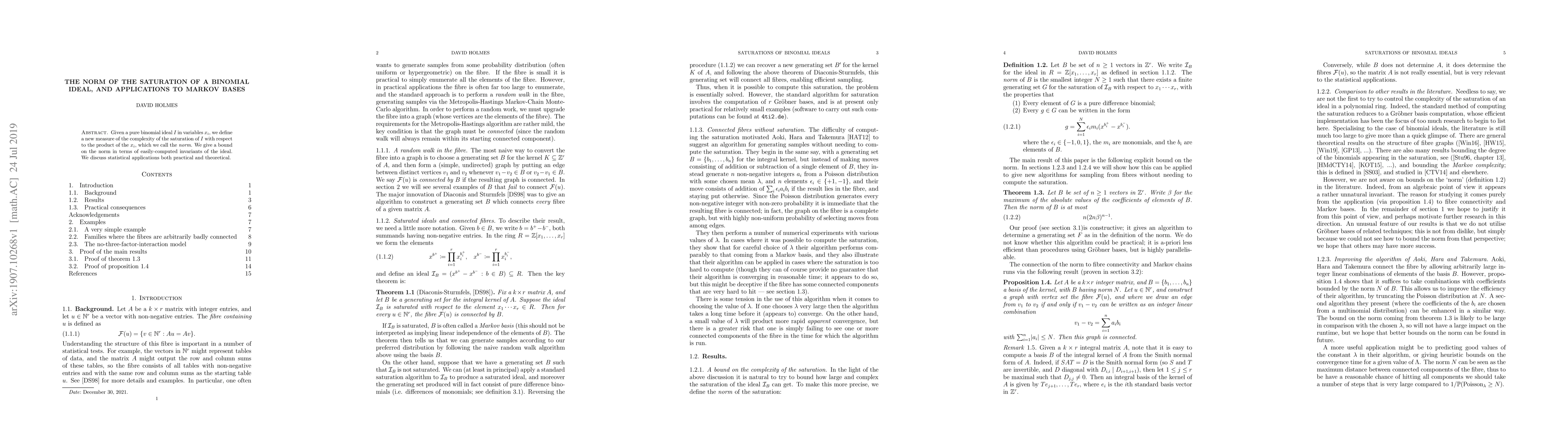 Thumbnail for The norm of the saturation of a binomial ideal, and applications to
  Markov bases