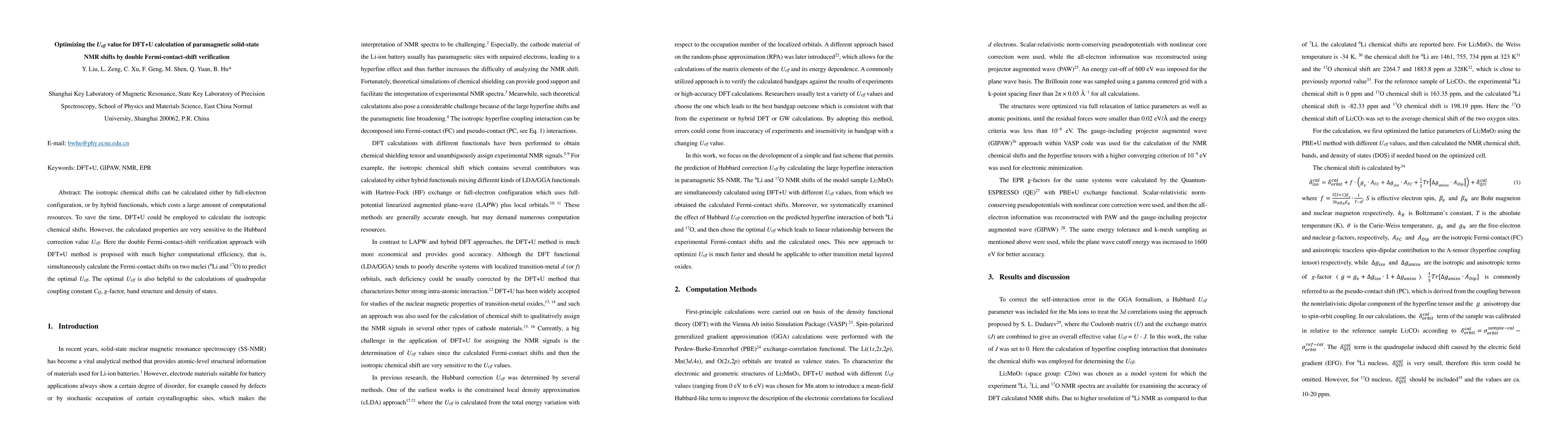 Thumbnail for Optimizing the $U_{eff}$ value for DFT+U calculation of paramagnetic
  solid-state NMR shifts by double Fermi-contact-shift verification