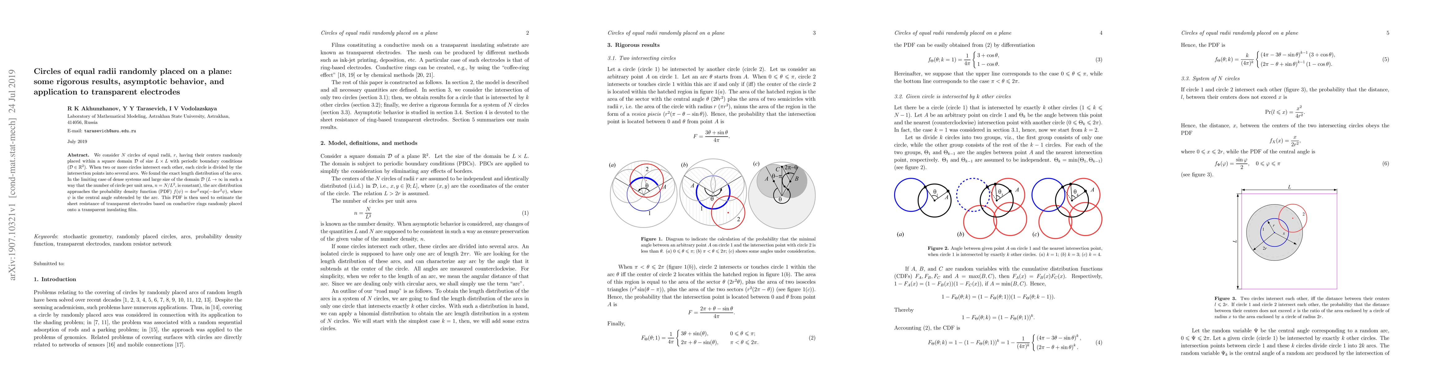 Thumbnail for Circles of equal radii randomly placed on a plane: some rigorous
  results, asymptotic behavior, and application to transparent electrodes