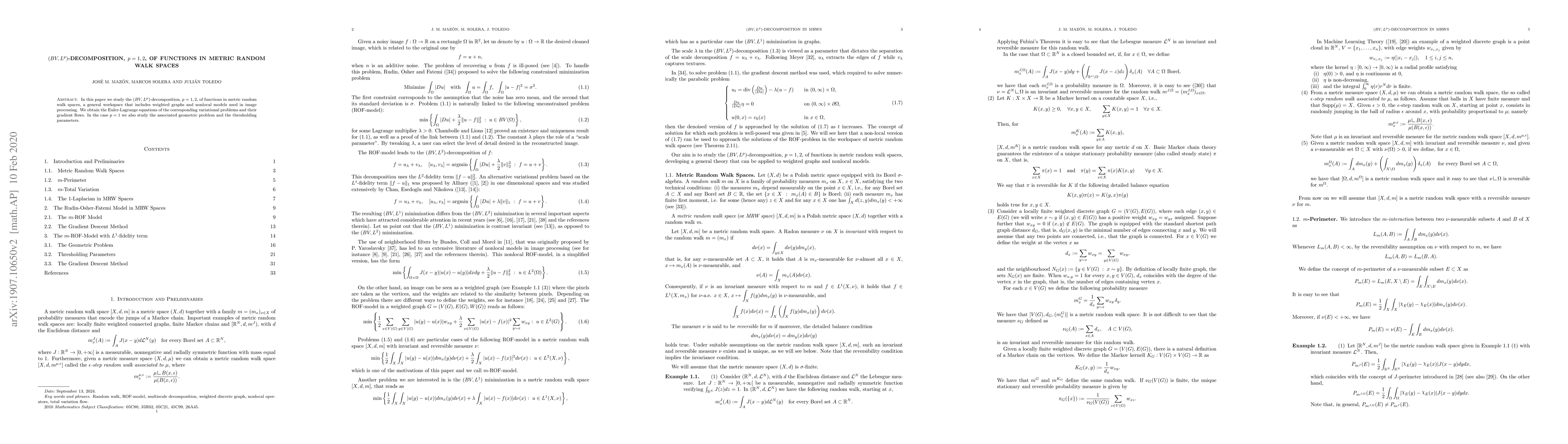 Thumbnail for $(BV,L^p)$-decomposition, $p=1,2$, of Functions in Metric Random Walk
  Spaces