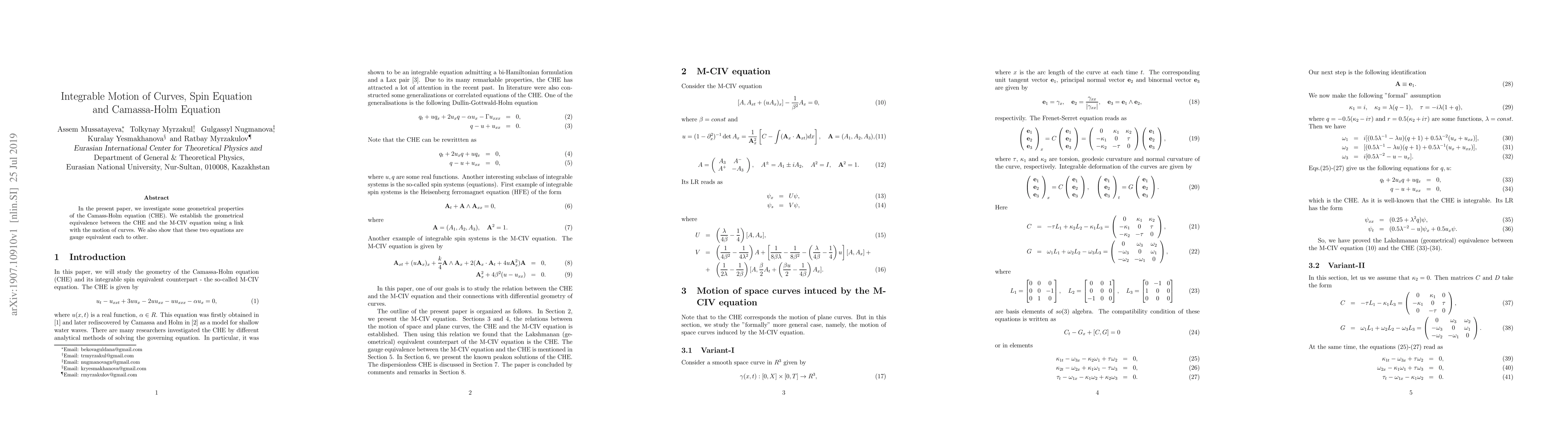 Thumbnail for Integrable Motion of Curves, Spin Equation and Camassa-Holm Equation