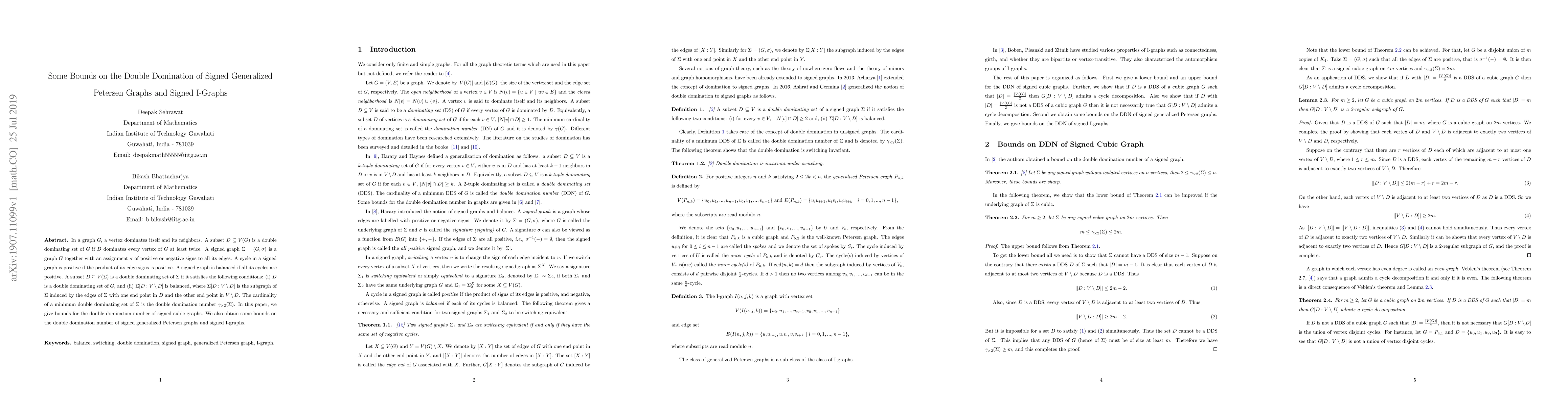 Thumbnail for Some Bounds on the Double Domination of Signed Generalized Petersen
  Graphs and Signed I-Graphs