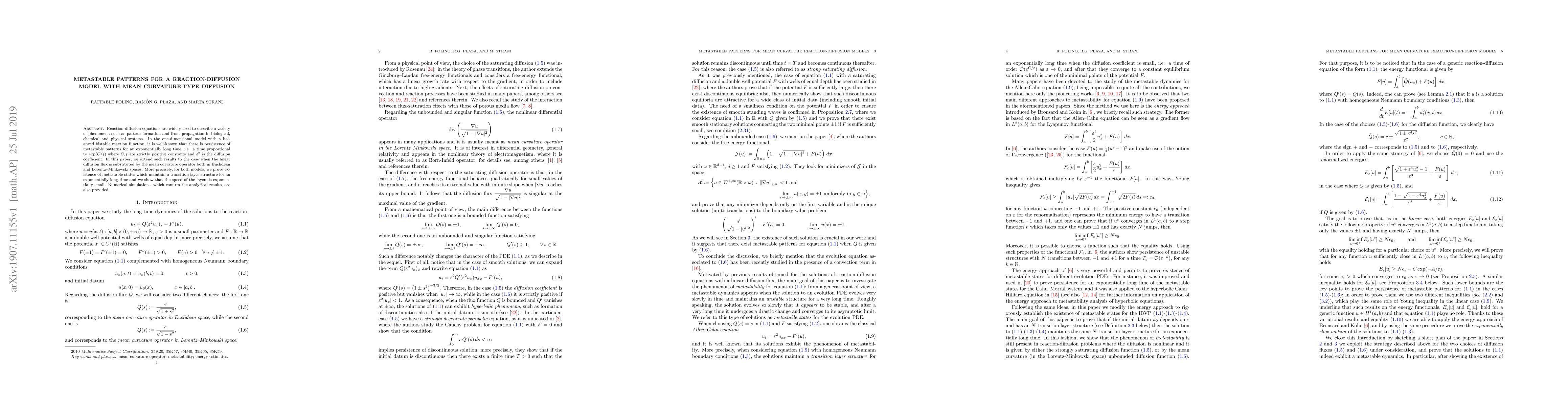 Thumbnail for Metastable patterns for a reaction-diffusion model with mean
  curvature-type diffusion