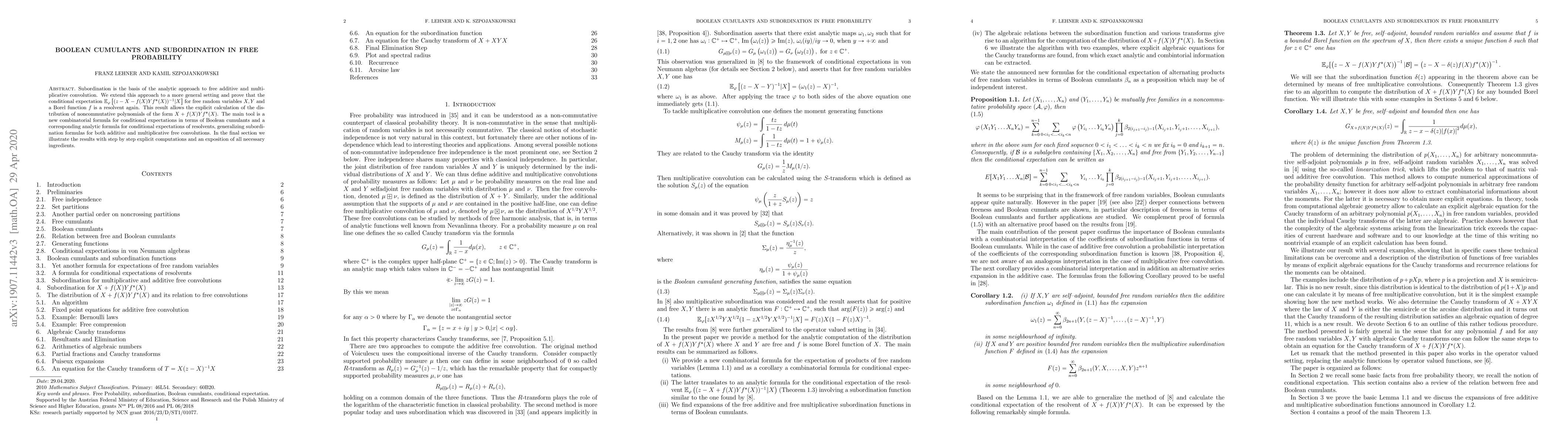Thumbnail for Boolean Cumulants and Subordination in Free Probability