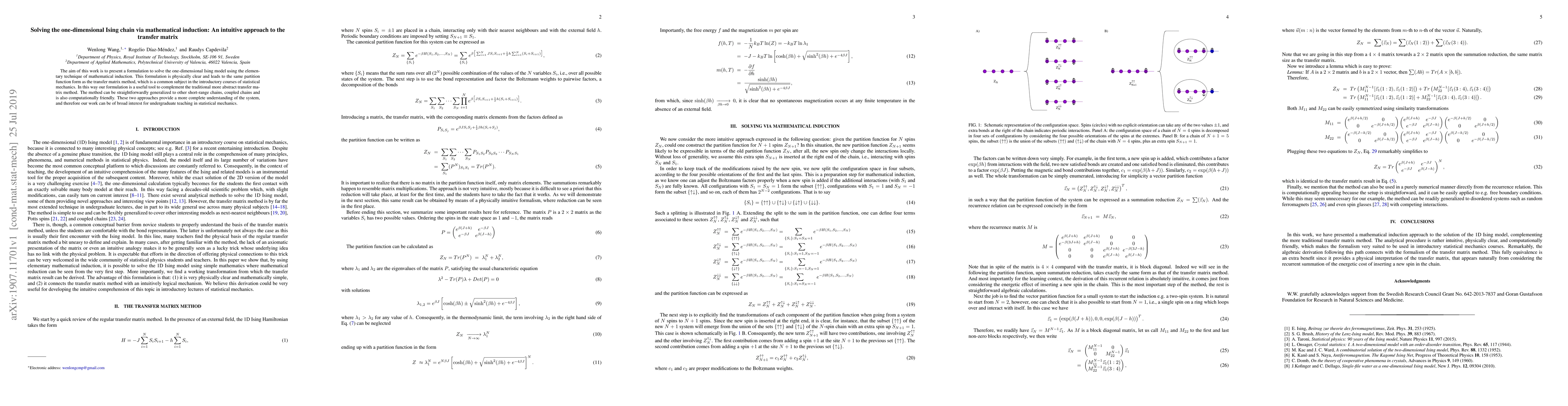 Thumbnail for Solving the one-dimensional Ising chain via mathematical induction: An
  intuitive approach to the transfer matrix
