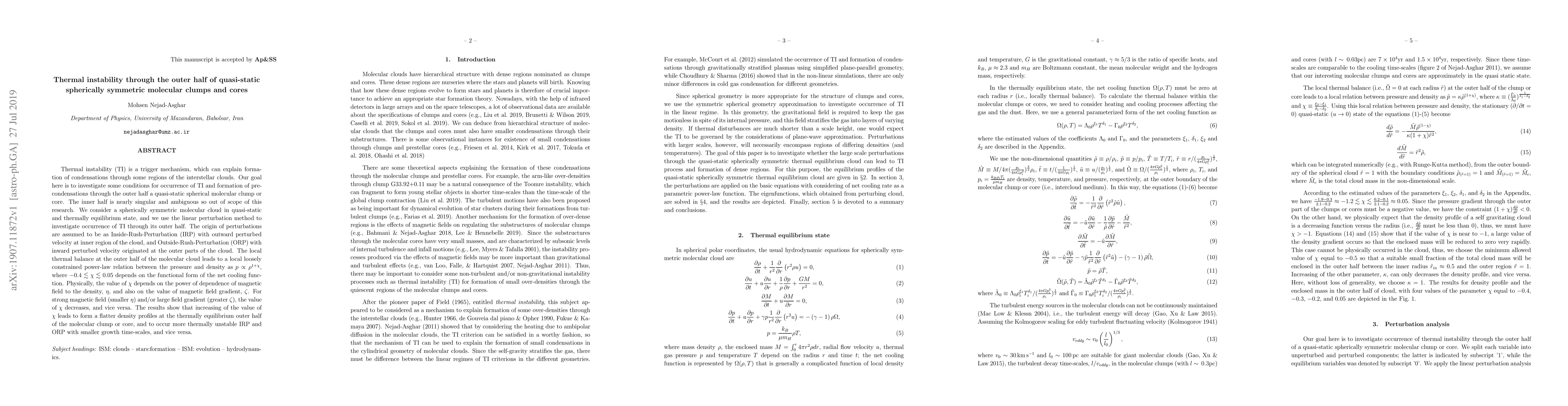 Thumbnail for Thermal instability through the outer half of quasi-static spherically
  symmetric molecular clumps and cores