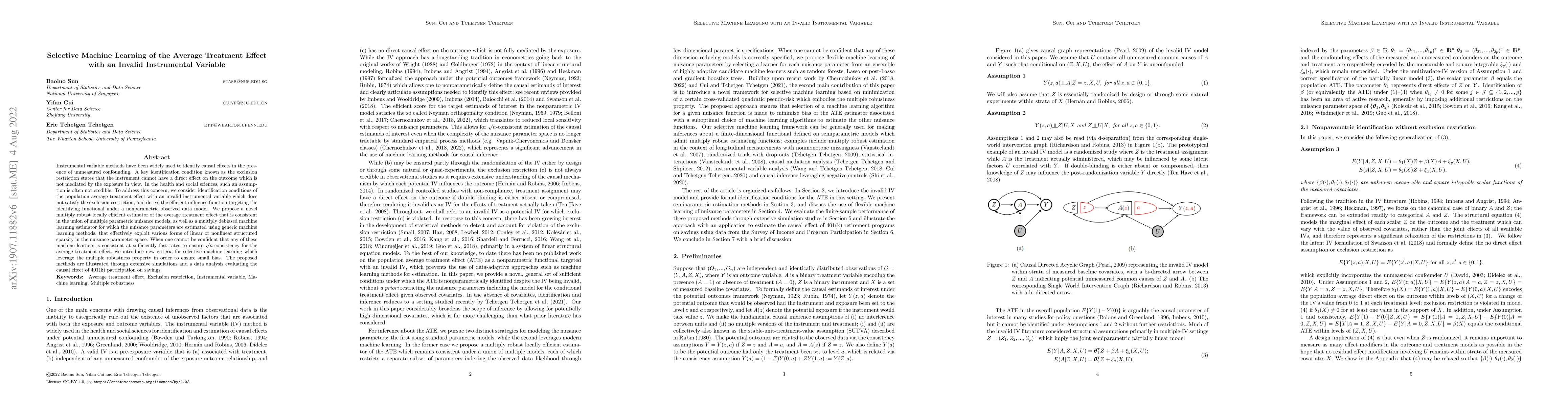 Thumbnail for Selective Machine Learning of the Average Treatment Effect with an
  Invalid Instrumental Variable