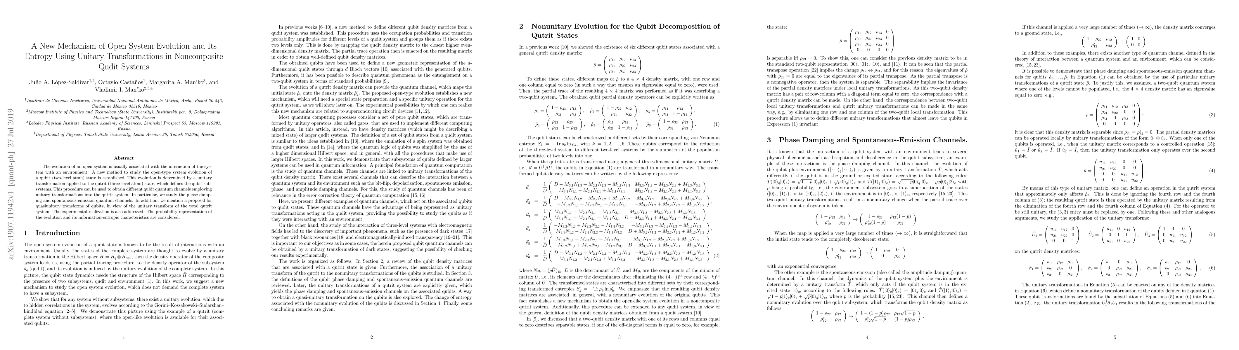 Thumbnail for A New Mechanism of Open System Evolution and Its Entropy Using Unitary
  Transformations in Noncomposite Qudit Systems